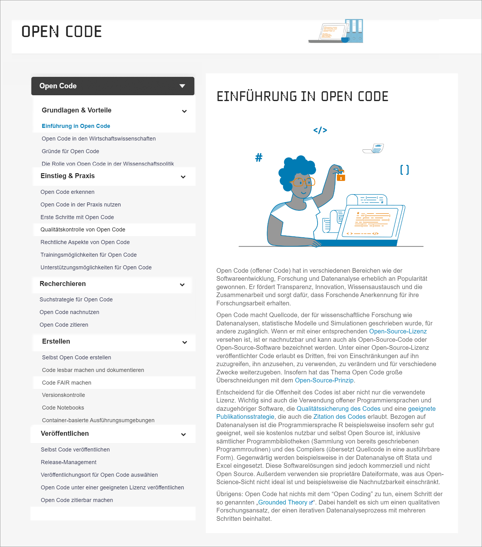 Übersicht über die Open Code Seite des Open Economic Guides